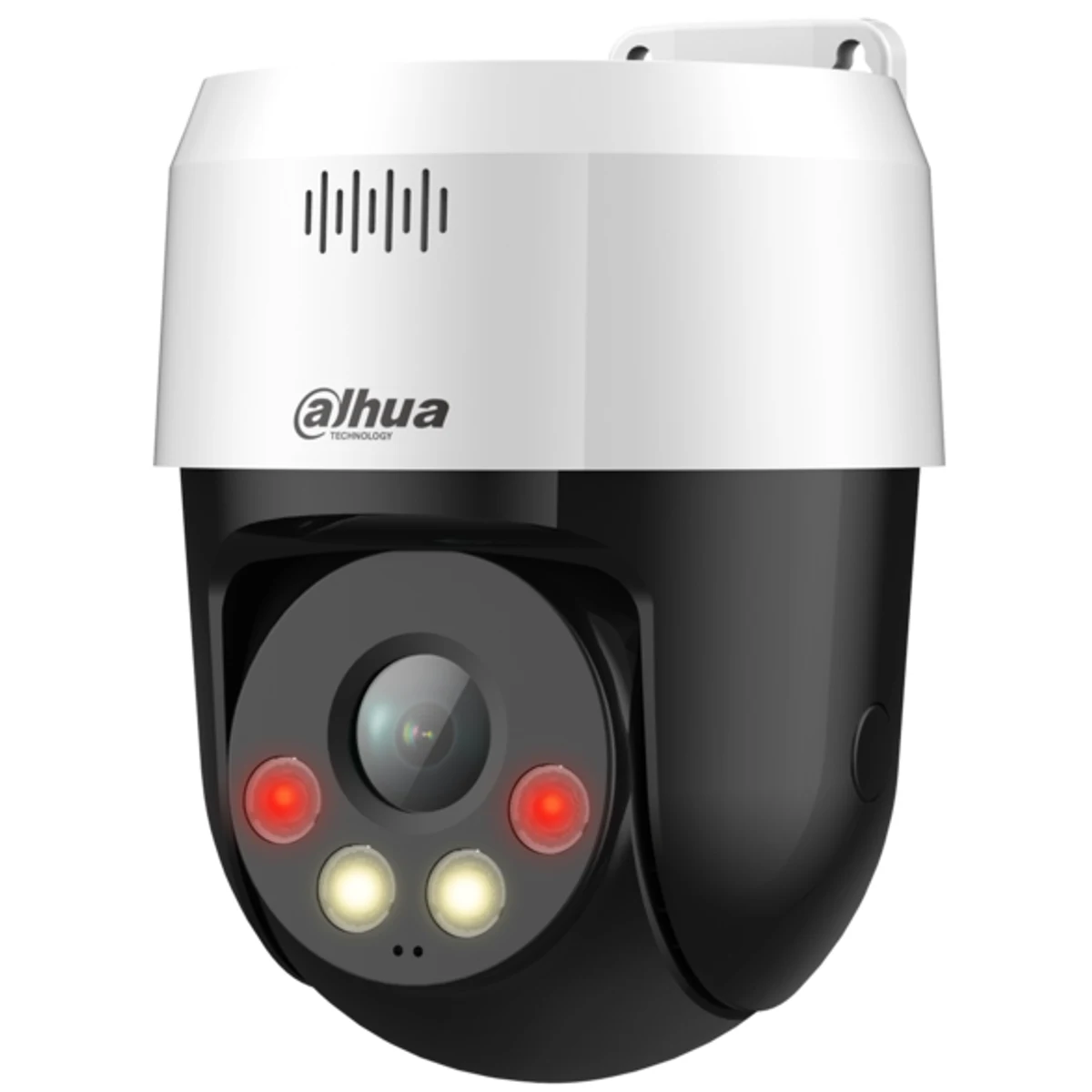 Domo PT de 5 Mp, IR de 30 m, CMOS 1/2,8", lente de 4 mm, IP66, audio bidireccional, luz y alarma sonora, PoE, detección de vehículos y humanos