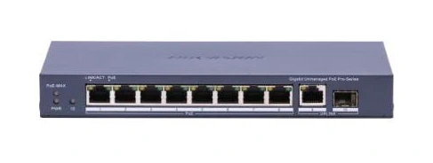 Switch Hikvision DS-3E0510P-E(B) de 8 puertos PoE+ Gigabit y presupuesto de 110 W