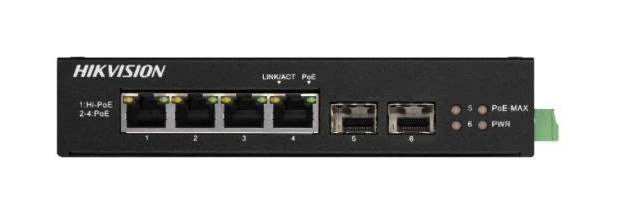Hikvision DS-3T0506HP-E/HS — switch industrial Gigabit con 4 PoE y 2 SFP